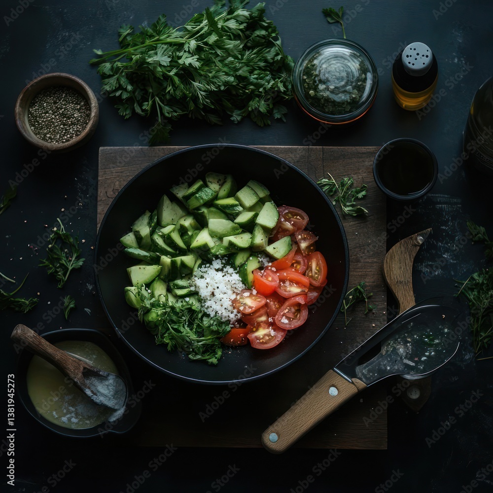 Poster overhead shot of a vibrant salad bowl with various fresh ingredients herbs and condiments arranged o