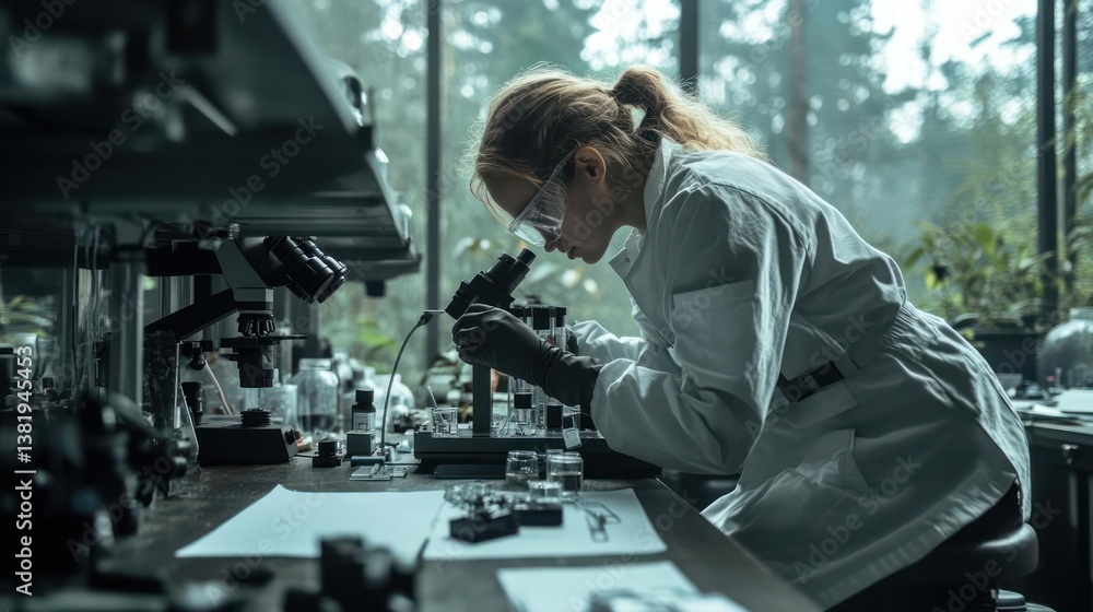 Poster scientist in lab coat looks into microscope with indoor greenery background. science research and la