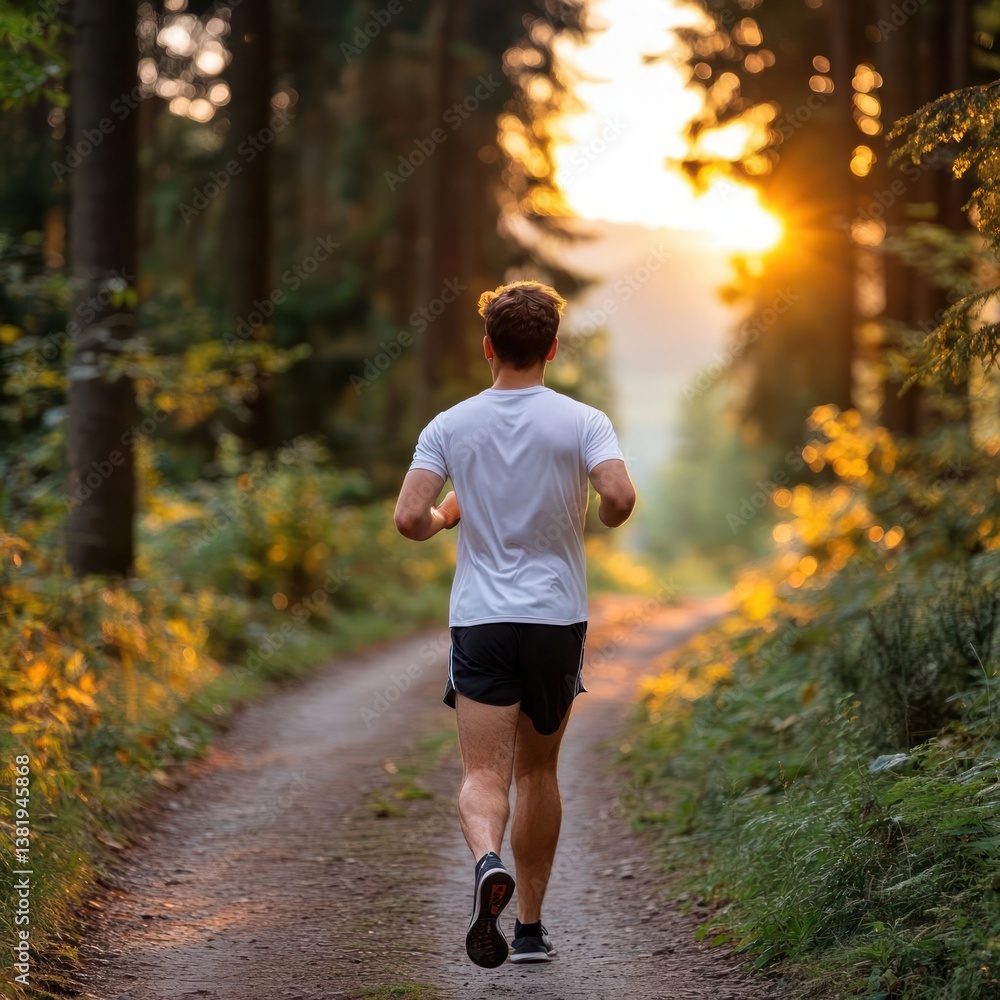 Poster rear view of a person running on a path in a forest with sunlight shining through the trees creating