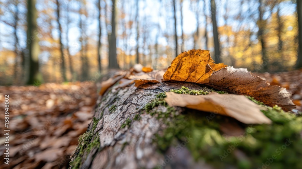 Leinwandbilder close up of a log covered in moss and fallen leaves in a forest during autumn. shallow depth of fiel
