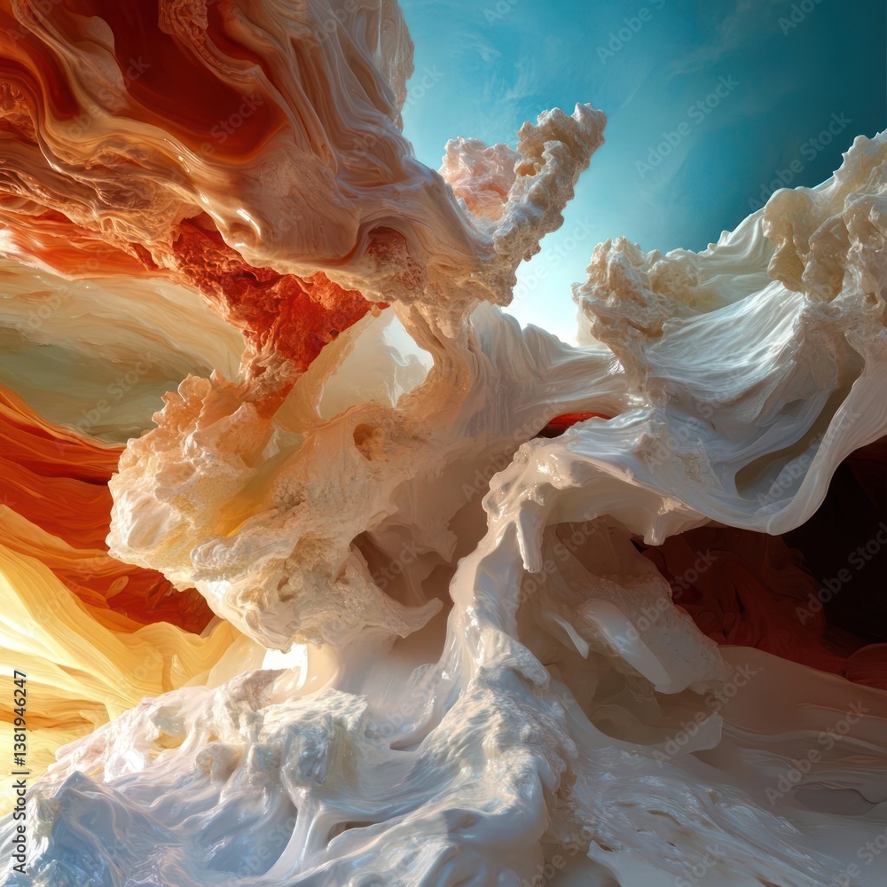 Poster Abstract artwork featuring organic forms with textured surfaces in white orange and blue colors illuminated by bright lighting and creating a dynamic and artistic composition