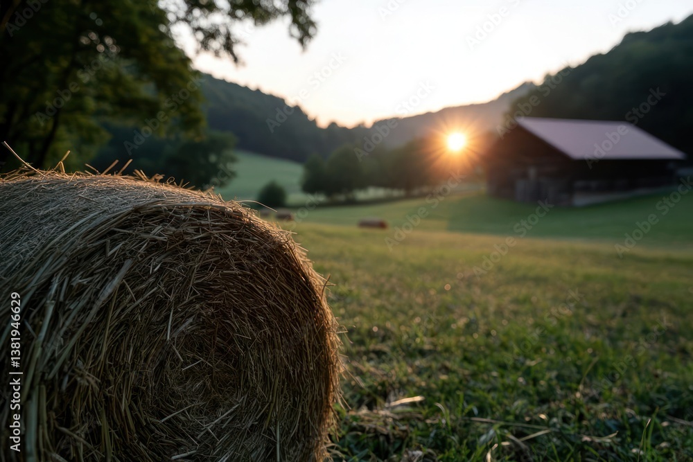 Poster sunrise illuminates a hay bale in a vibrant green field a rustic building sits in the background nes