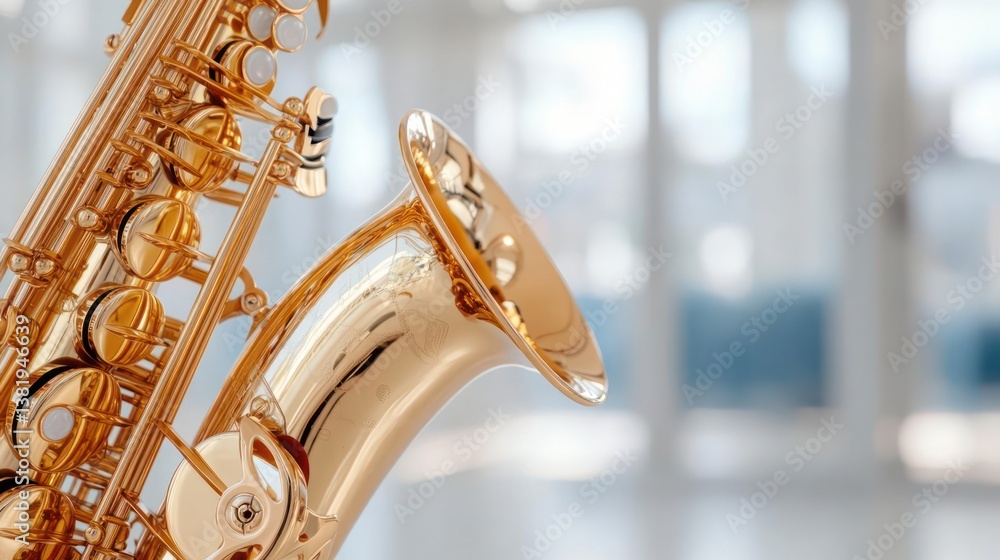 Poster close-up of a shiny gold saxophone with detailed keys and bell against a soft blurred background cre