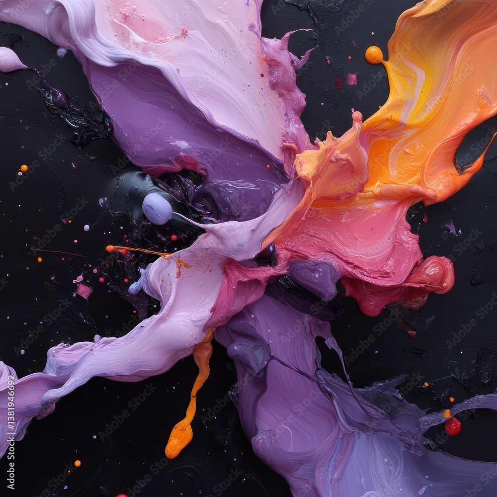 Fototapete Abstract explosion of vibrant paint splashes against a black background featuring pink purple and orange hues with scattered droplets creating a dynamic visual texture