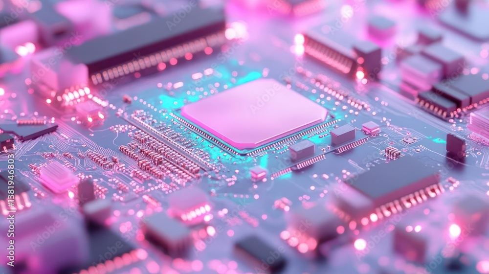 Poster Close up of computer microchip circuit board with pink and blue neon lights and focus on central processor