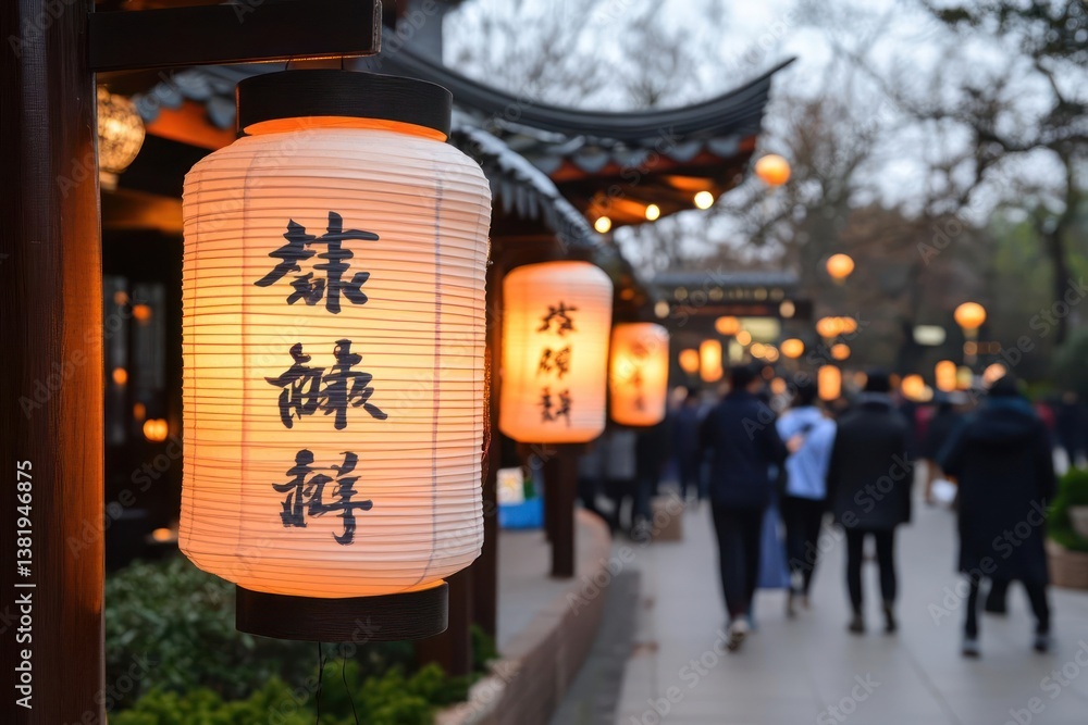 Aufkleber lit paper lanterns hanging in a traditional architectural setting with people walking in the backgro