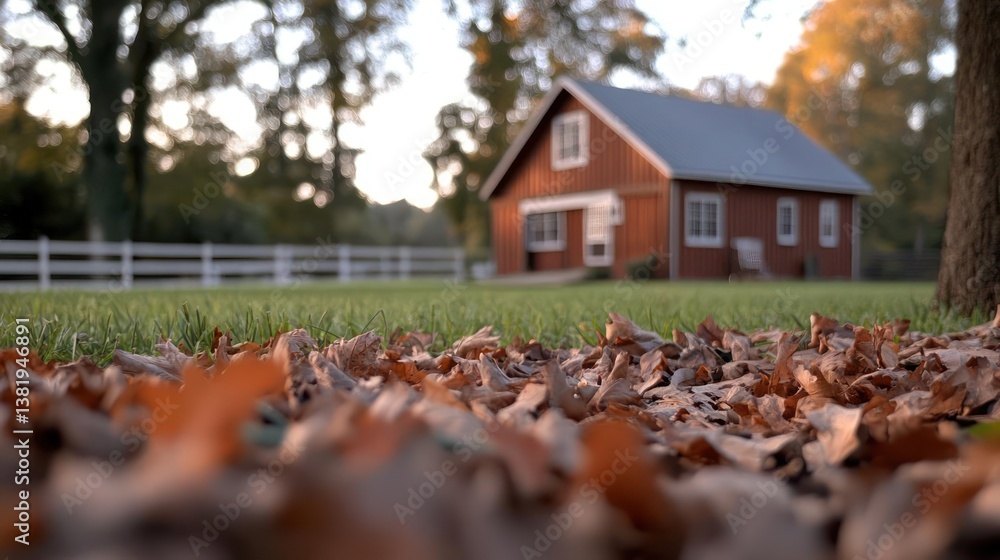 Aufkleber low angle view of fallen autumn leaves in foreground with blurred green grass and a red barn house i
