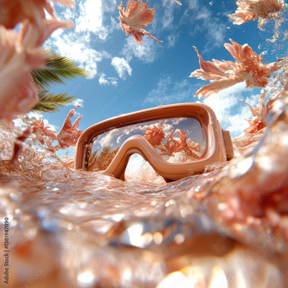 Poster underwater shot with diving goggles surrounded by water and corals under a blue sky with clouds. ref