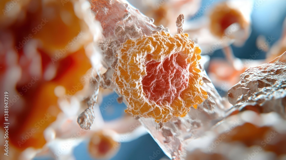 Poster Abstract cellular structure with vibrant orange and red core details. Surrounded by translucent fluid with a macro focus emphasizing textures