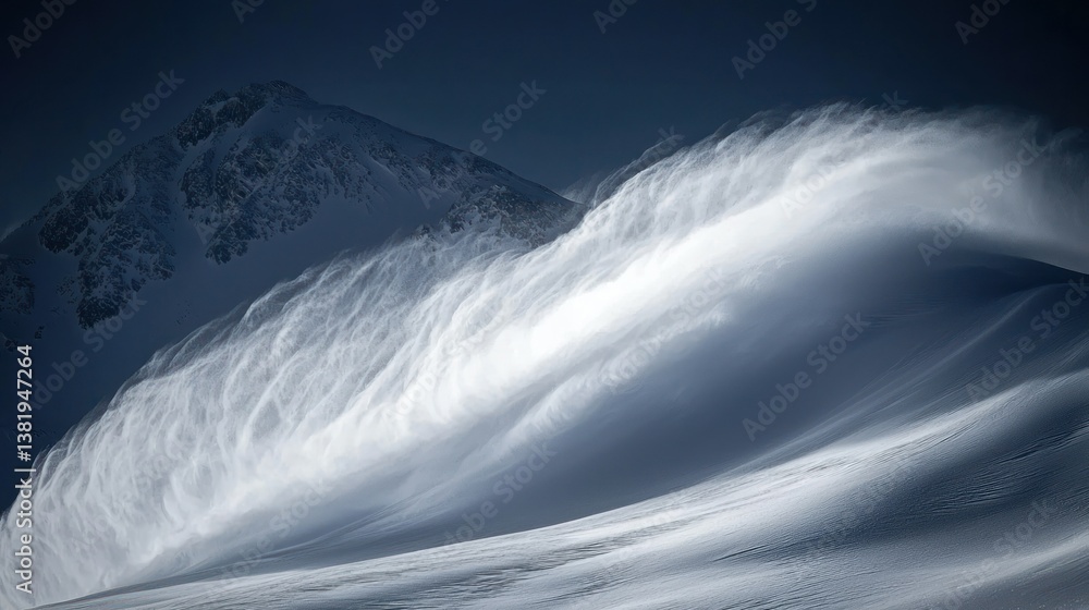 Poster snowy mountain landscape with windblown snow creating dynamic textures