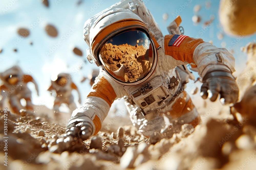 Aufkleber Astronauts exploring a rocky terrain with a blue sky background. One astronaut is reaching forward with others in the distance. The image shows a dynamic action scene with dirt and debris