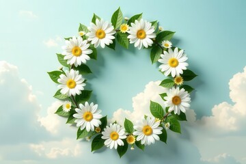 Obraz premium Serene Floral Wreath Encircling a Sky of Fluffy Clouds A Symbol of Purity, Peace, and Tranquility
