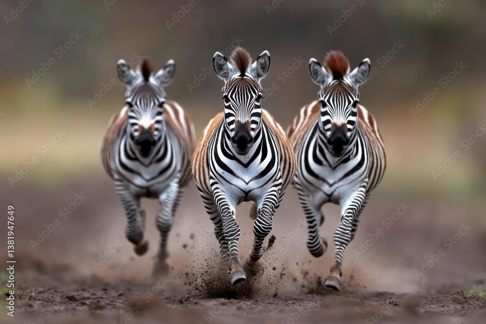 Aufkleber Three zebras running towards the camera on muddy ground with shallow depth of field. The image captures the animals in motion in a natural environment