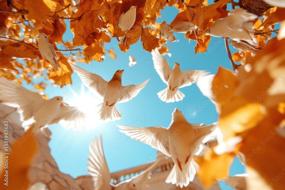 Aufkleber white doves soaring towards the sunlight through autumn leaves against a bright blue sky creating a 