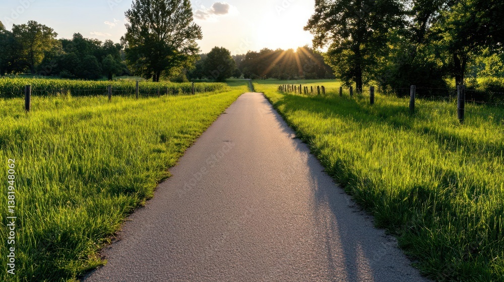 Poster Pathway through vibrant green fields at sunset with sunbeams streaming through trees and a clear sky creating a serene landscape