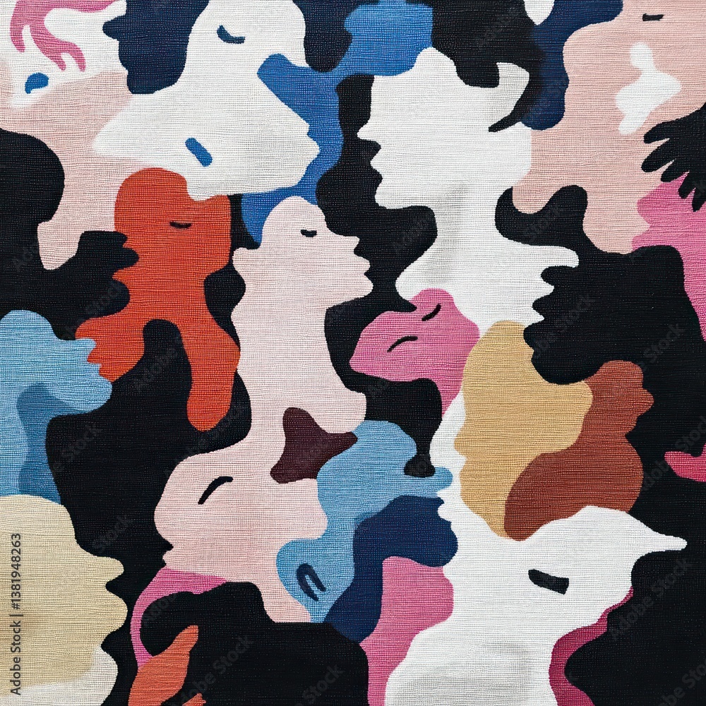 Poster abstract artwork of diverse human faces in profile featuring various vibrant colors on a dark backgr