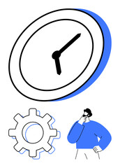 Oversized clock and gear beside a thoughtful individual representing organization, strategy, work efficiency, project planning, time tracking, goal setting, optimization. Ideal for flat simple