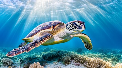 Fototapeta premium A graceful sea turtle gliding over a coral bed, illuminated by soft beams of sunlight filtering through the ocean surface
