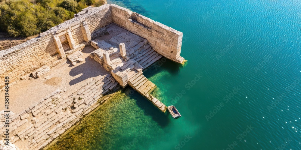 Poster aerial view reveals stone structure partially submerged in turquoise water with small boat docked an