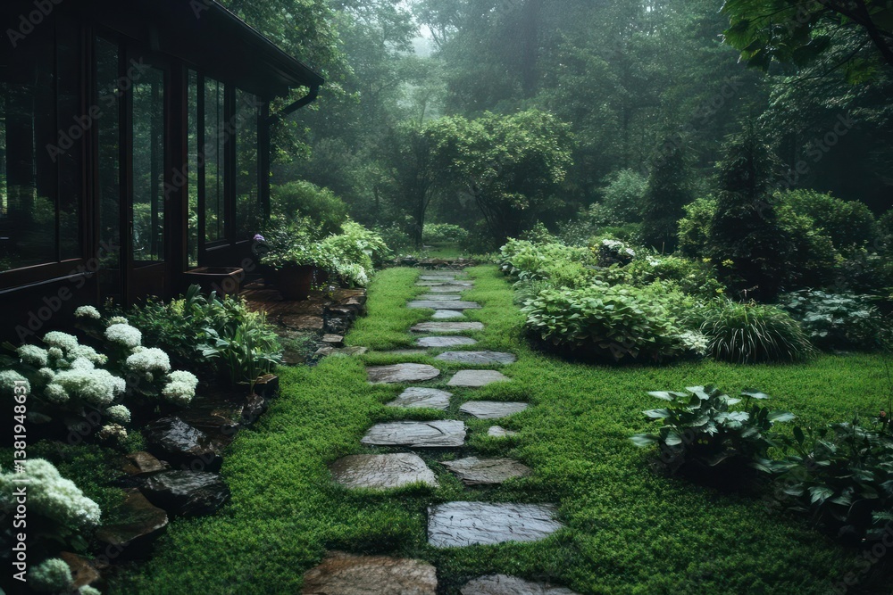 Aufkleber Stone pathway leads through lush garden with greenery and raindrops, creating a serene atmosphere, featuring a glass-walled building and dense foliage