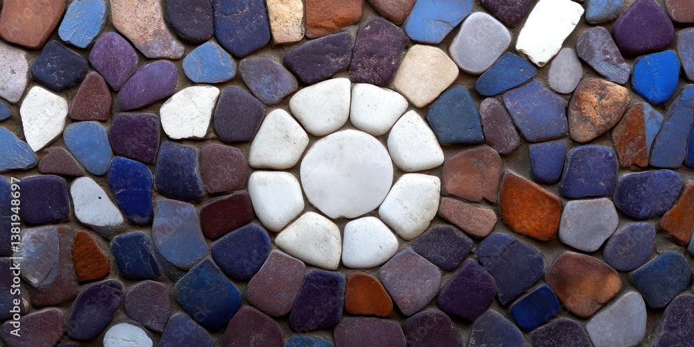 Leinwandbilder Close-up shot of a mosaic stone pattern composed of irregularly shaped stones in various colors arranged concentrically forming a circular design