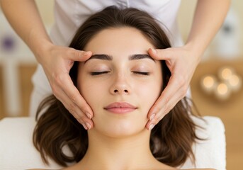 Fototapeta premium beautiful young Asian woman doing facial skin care. The woman's face is massaged with a very relaxed face