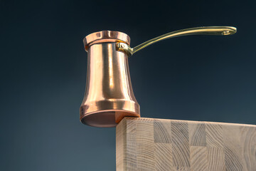Elegant copper coffee pot with a brass handle resting on a wooden surface, featuring a dramatic...