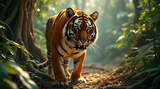 A stunning close-up of a tiger in a vibrant jungle environment.
