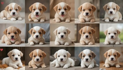 A collection of twelve adorable puppy portraits, showcasing a variety of light tan and white pups with sweet expressions.