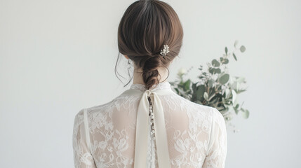 花嫁。白い背景の中、下を向いて微笑む花嫁の後ろ姿。繊細なレースのドレスと背中のリボンが印象的。ナチュラルなポニーテールに細いリボンが結ばれ、優雅な雰囲気を演出。緑が基調のブーケ白の背景に映え、余白が多く、洗練された美しさを強調している。