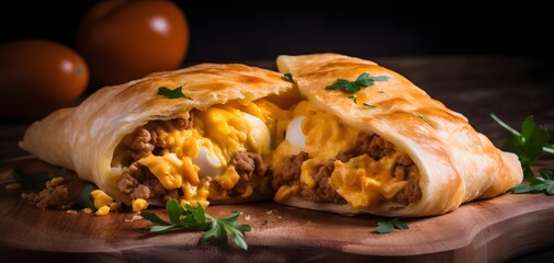 Golden pastry filled with savory meat, fluffy eggs, and melted cheese, presented on a wooden board with fresh parsley garnish.