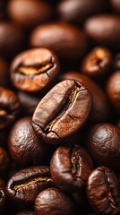 Close-Up of Rich, Dark Roasted Coffee Beans with Glossy Surface and Detailed Texture

