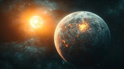 Obraz premium Fiery planet orbiting a bright star in space.