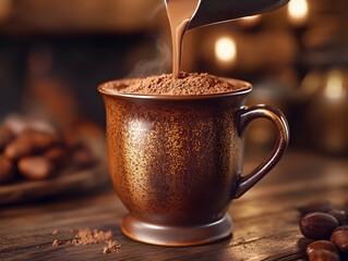 Hot cocoa pouring into mug, cocoa beans, rustic kitchen