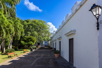 Puerto Rico, San Juan colorful colonial architecture in historic city center.