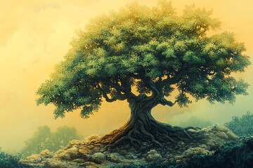 Ancient Tree Landscape Painting Golden Sunset