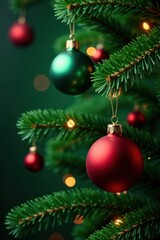 Hanging Christmas ornaments on a green fir tree branch, festive decor, snowy landscape