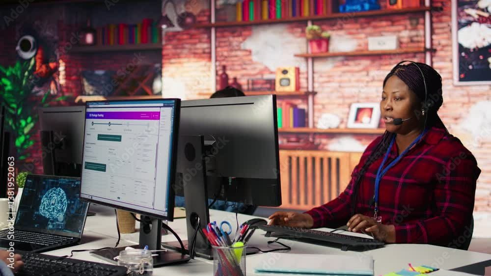 Poster customer support worker using ai to have conversation with client in live chat, providing helpful in