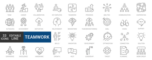 Teamwork and collaboration icons set, editable line icon pack. team building, work group, human resources, business, partnership, cooperation symbols. simple vector collection.