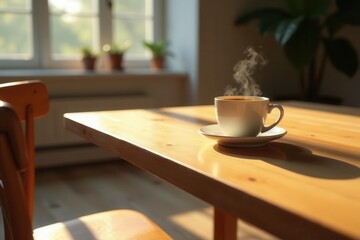 A steaming cup of coffee sits on a sunlit wooden table near a window, a peaceful morning scene