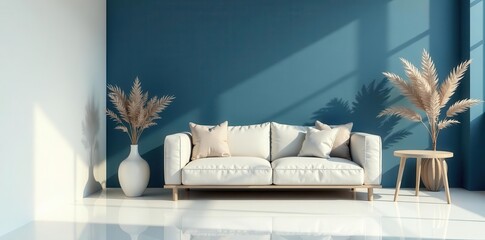 Serene Living Room Interior Design with a White Sofa and Dried Floral Arrangements