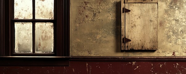 Dusty window and closed cabinet on aged, textured, dark wall indoors
