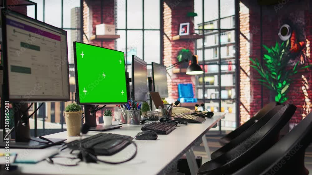 Poster customer support office with green screen pc used to assist customers with technical issues and diag