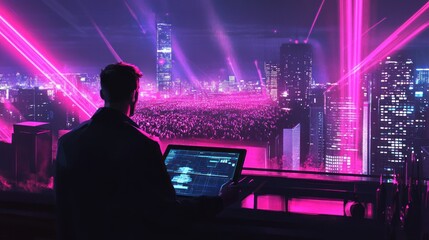 Obraz premium Cyberpunk city vista: A data analyst monitors a vibrant futuristic festival event