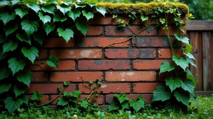 Lush Green Vines Cascading Over a Rustic Brick Wall, a Serene Garden Scene of Natural Beauty
