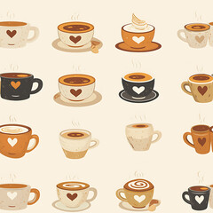 seamless pattern Realistic and artistic illustrations of coffee beans, brewing equipment, coffee cups for background or wallpaper