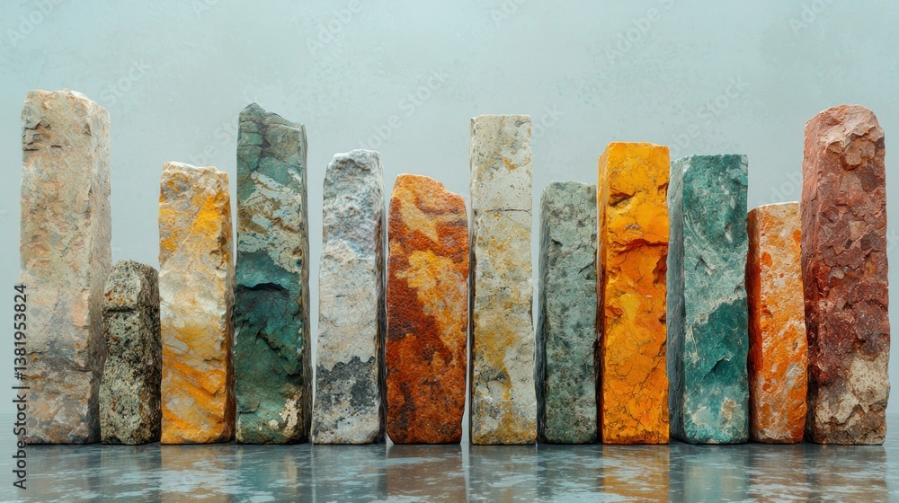 Poster variegated stone slabs stand arranged horizontally in a row against a light backdrop