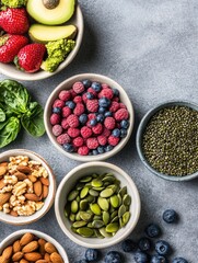 Healthy food assortment of fresh fruits, vegetables, nuts, seeds