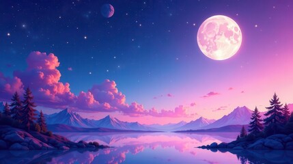 Serene Night Pink Clouds, Full Moon, and Majestic Mountain Reflections in a Calm Lake