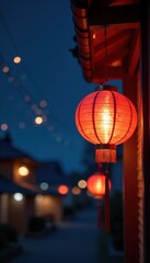New Year's Eve countdown with sparkling balloons and lanterns hanging from a wooden beam, night, fireworks